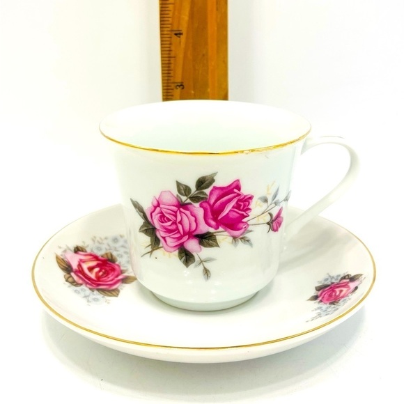 Cottagecore Roses Teacup & Saucer Old English Rose Pink Roses Shabby Chic Cup - Picture 2 of 4
